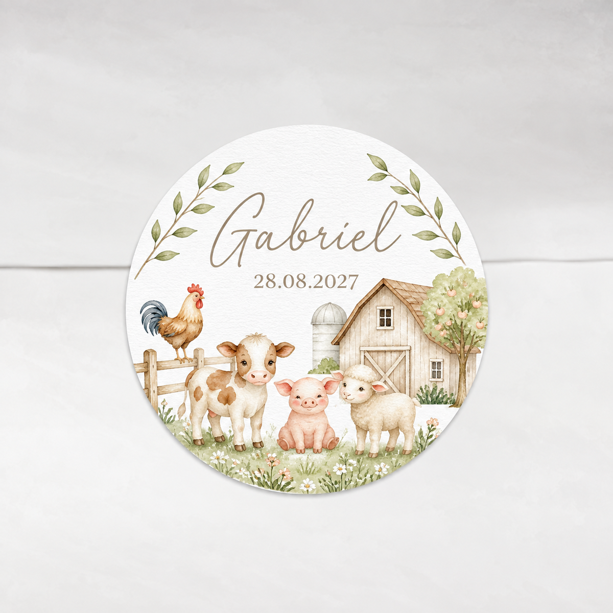 Stickers baptême champêtre personnalisés – Animaux de la ferme à l’aquarelle