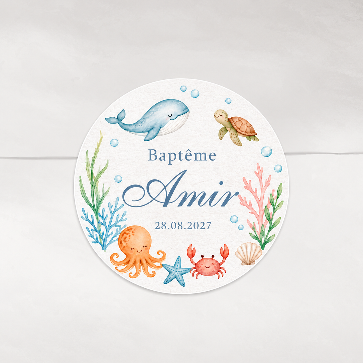 Stickers baptême personnalisés – Animaux sous-marins à l’aquarelle