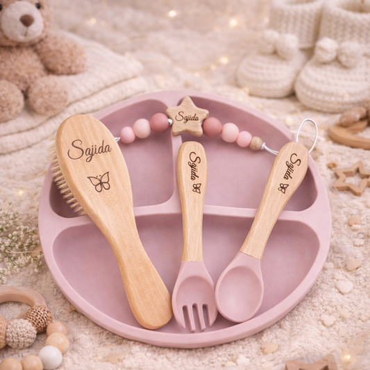 Coffret repas bébé personnalisé avec attache-tétine – Bois & silicone