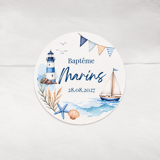 Stickers baptême marin personnalisés – Phare et voilier à l’aquarelle