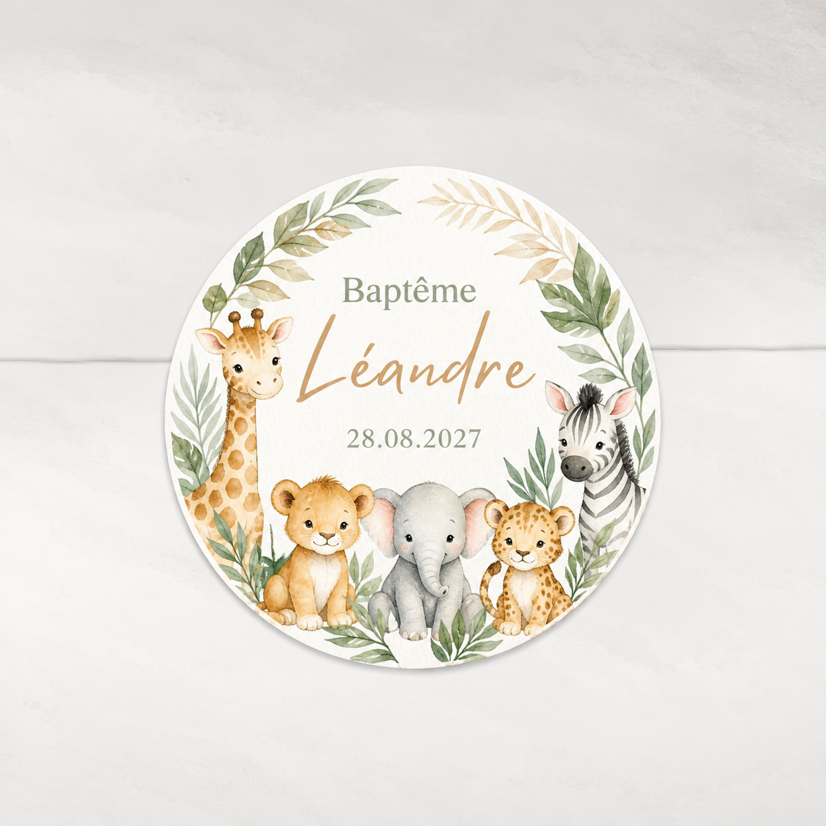Stickers baptême savane personnalisés – Bébés animaux et feuillages à l’aquarelle
