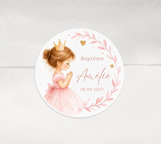 Stickers baptême fille personnalisés – Princesse en aquarelle rose et doré