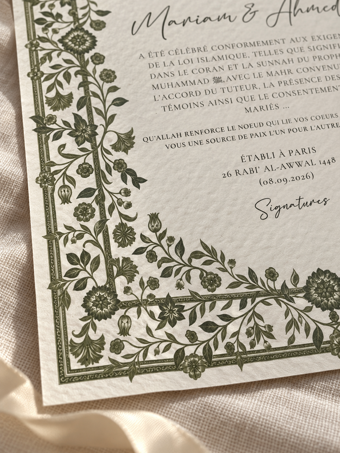 Certificat de mariage musulman floral sur papier premium ivoire – A4 et A3