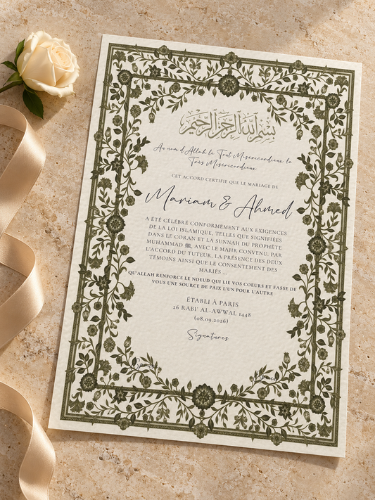 Certificat de mariage musulman floral sur papier premium ivoire – A4 et A3
