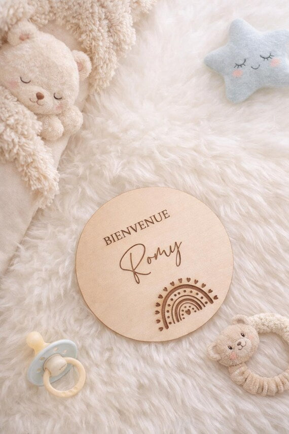Plaque naissance personnalisée en bois – Bienvenue bébé – 10 cm