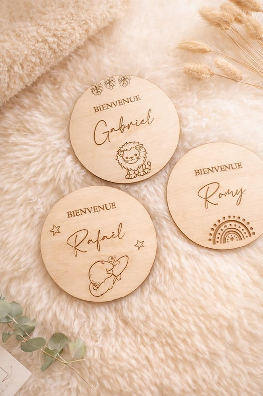 Plaque naissance personnalisée en bois – Bienvenue bébé – 10 cm