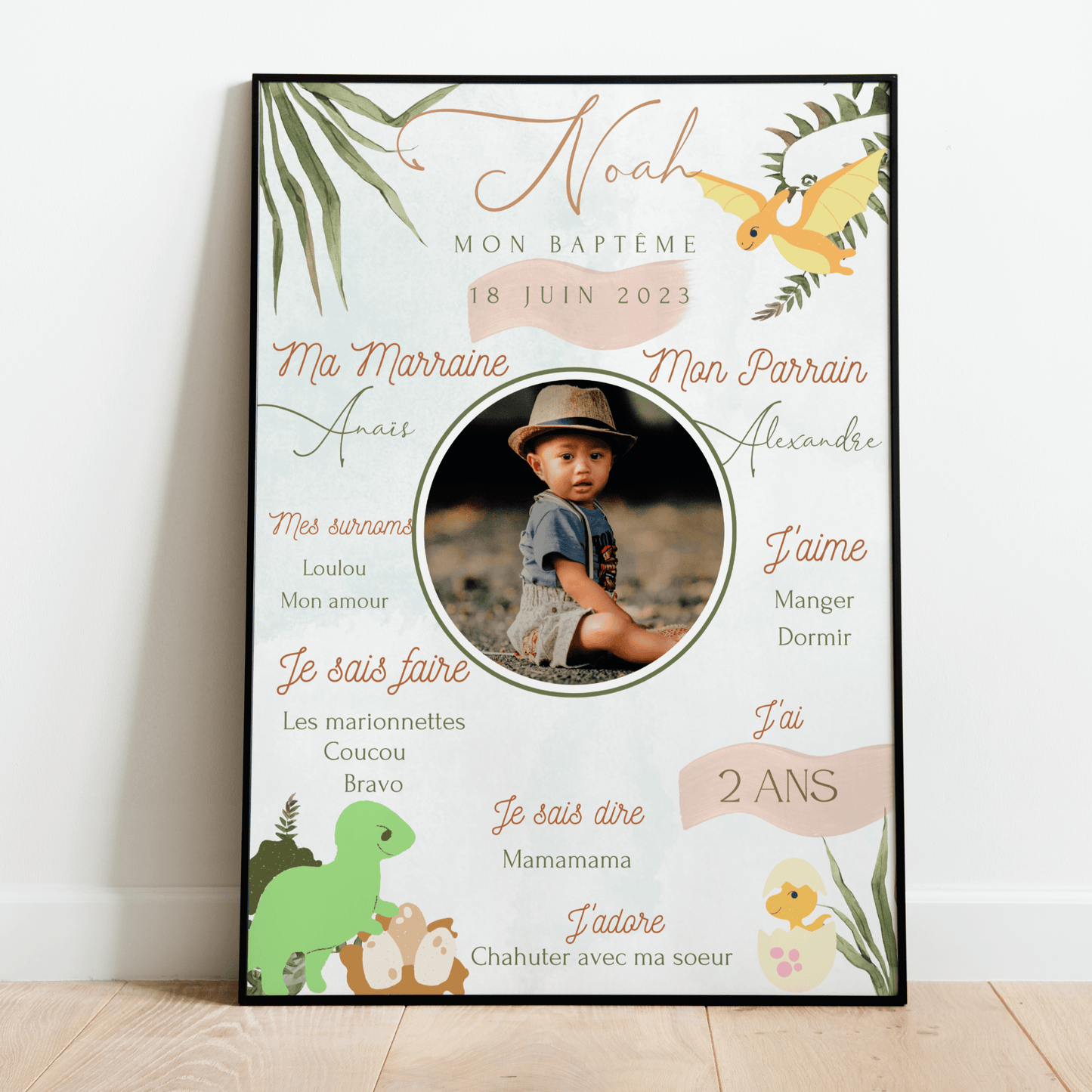 Affiche Baptême, anniversaire personnalisé thème Dinosaure Bébé - L’Atelier Personnalisé